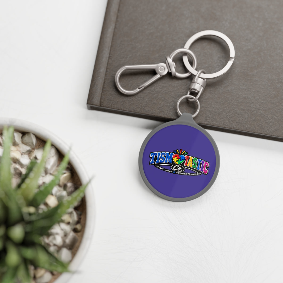 Color Tismtastic Logo Keyring Tag — purple background Round Metal Keychain with Carabiner Clip