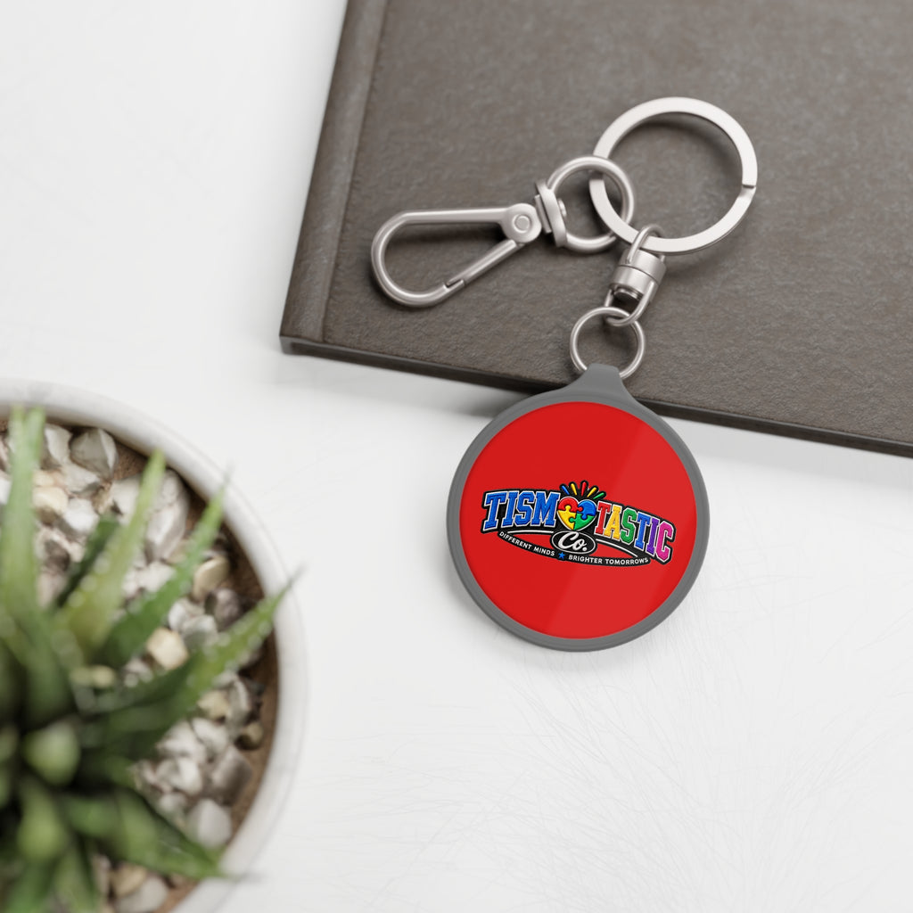 Tismtastic Logo Keyring Tag — Red background Round Metal Keychain with Carabiner Clip