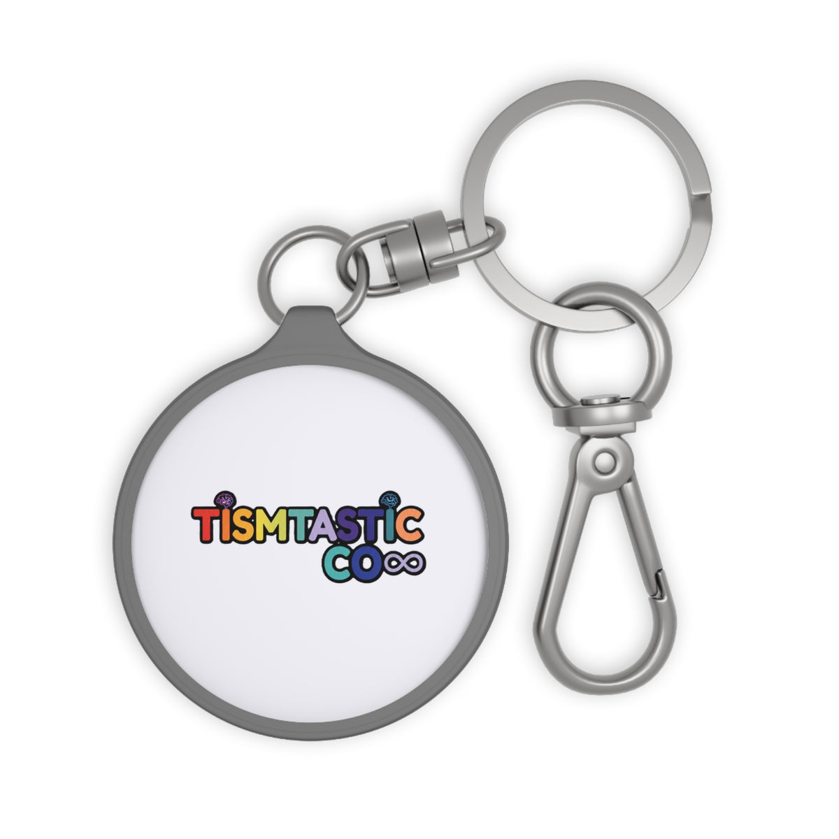 Color OG Tismtastic Logo Keyring Tag — White background Round Metal Keychain with Carabiner Clip