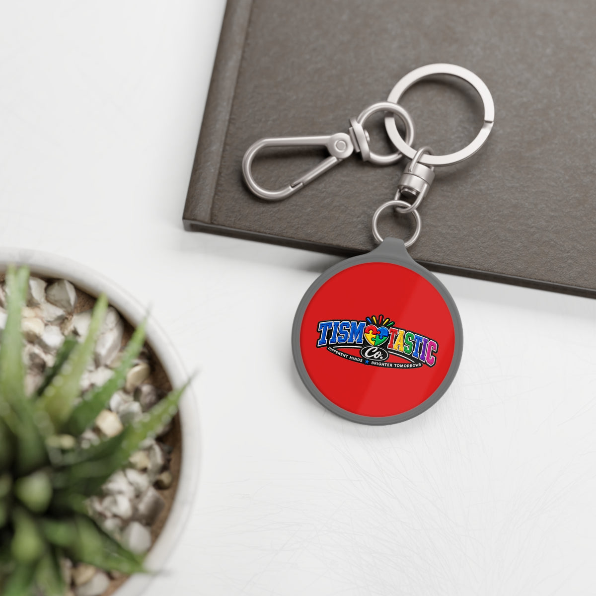Color Tismtastic Logo Keyring Tag — Red background Round Metal Keychain with Carabiner Clip