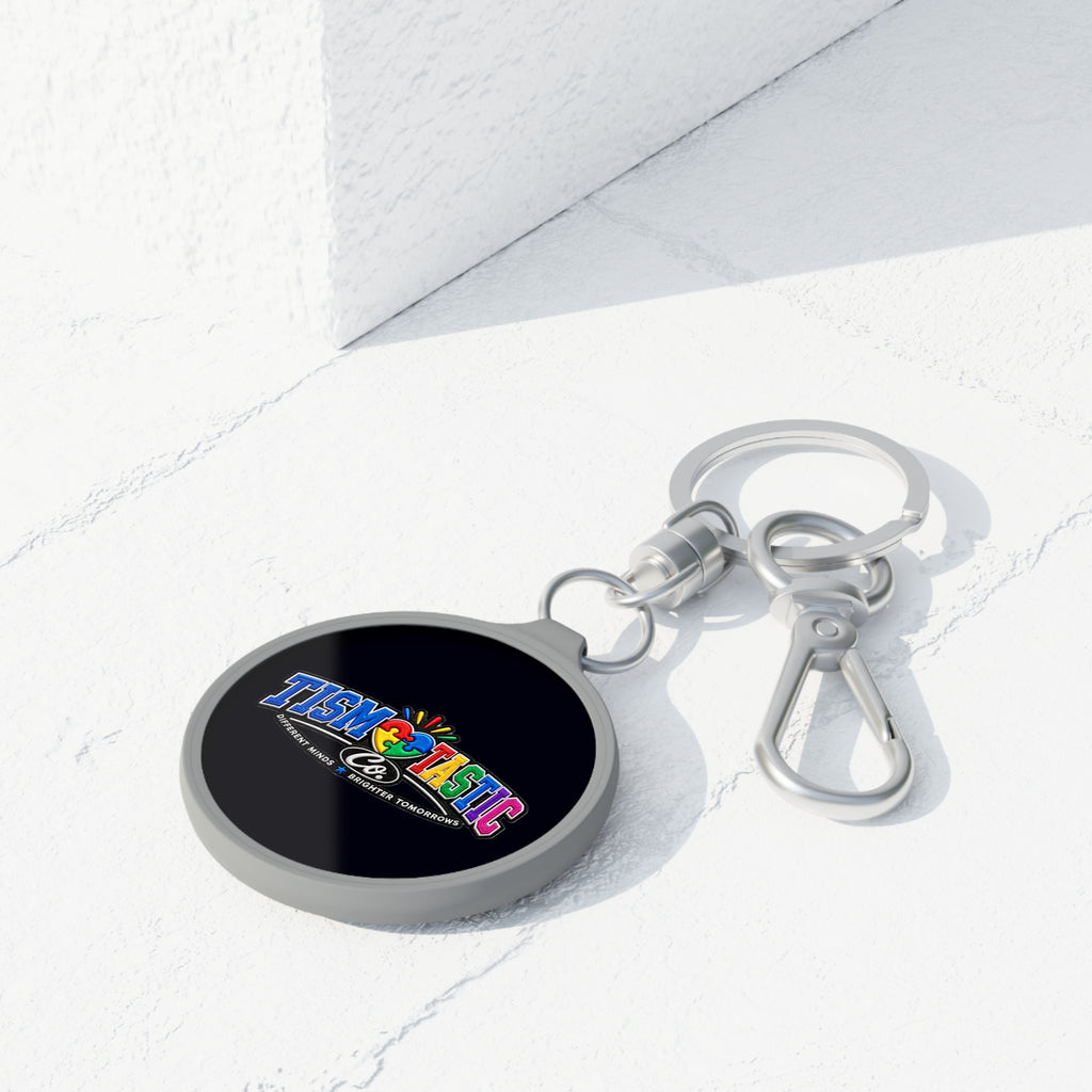 Tismtastic Logo Keyring Tag — Black background Round Metal Keychain with Carabiner Clip