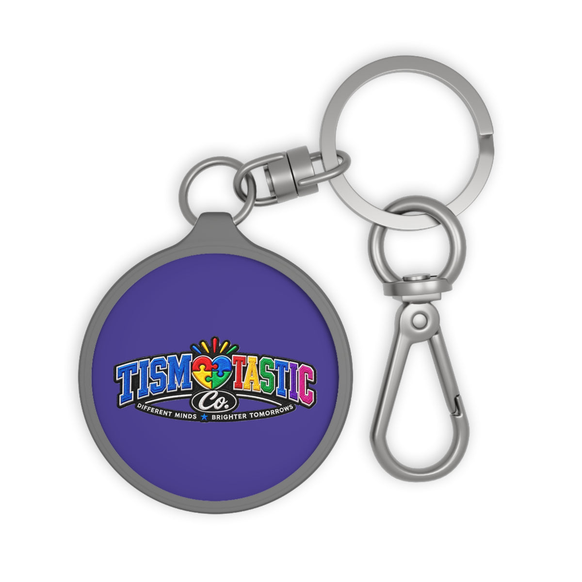 Color Tismtastic Logo Keyring Tag — purple background Round Metal Keychain with Carabiner Clip