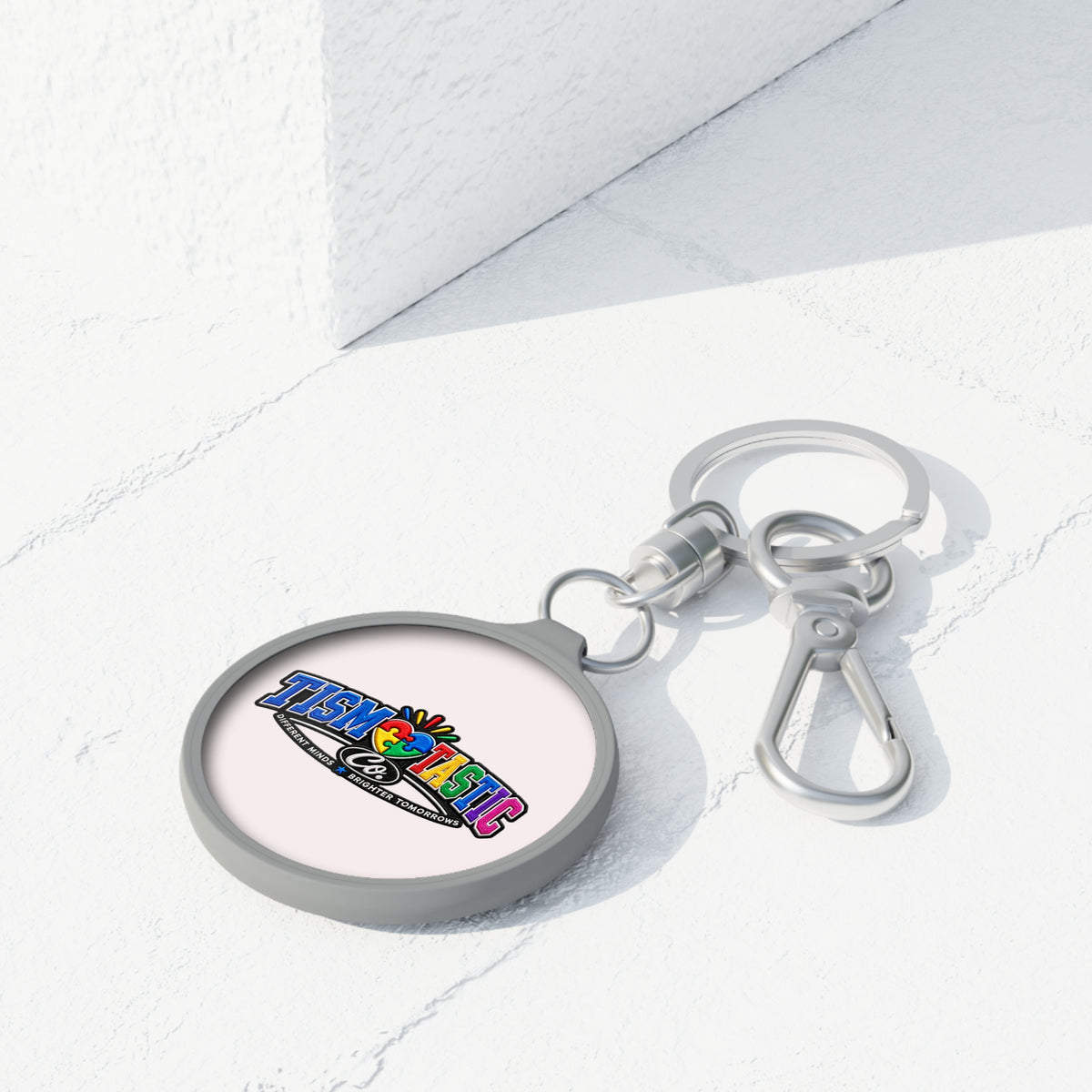 Tismtastic Logo Keyring Tag — White background Round Metal Keychain with Carabiner Clip