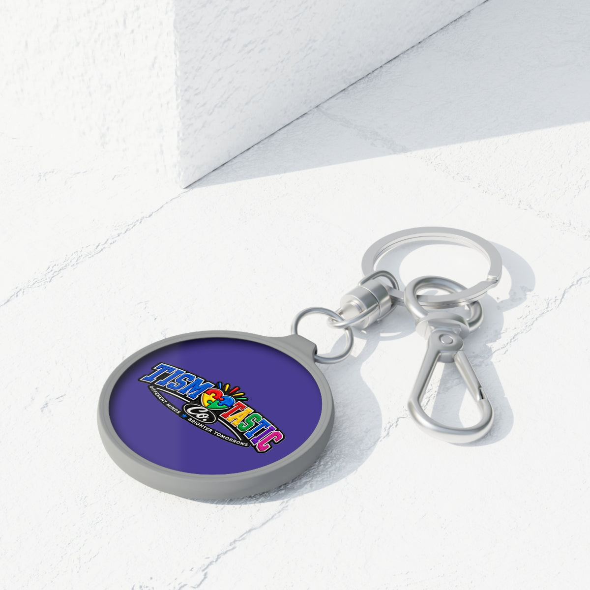 Color Tismtastic Logo Keyring Tag — purple background Round Metal Keychain with Carabiner Clip