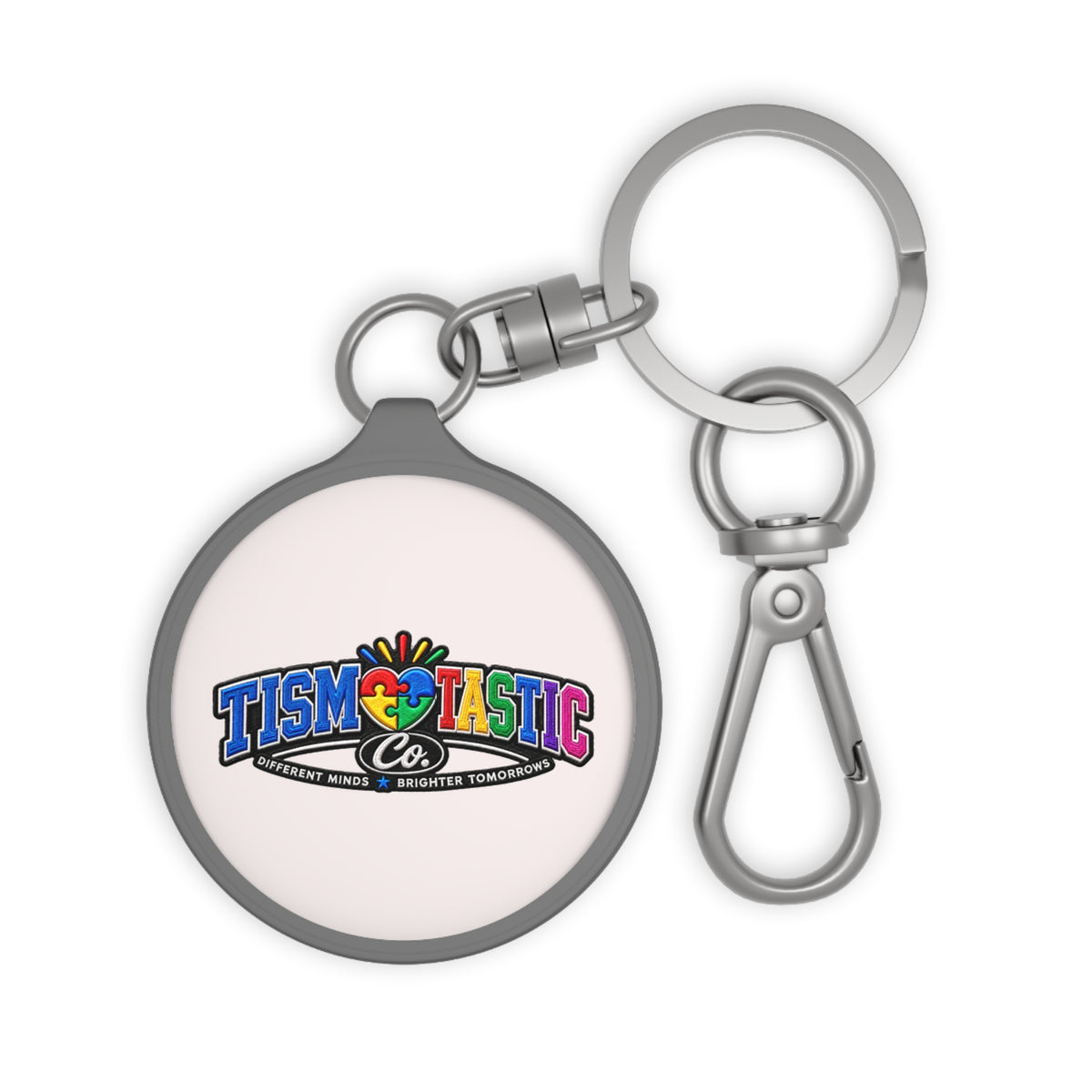 Tismtastic Logo Keyring Tag — White background Round Metal Keychain with Carabiner Clip
