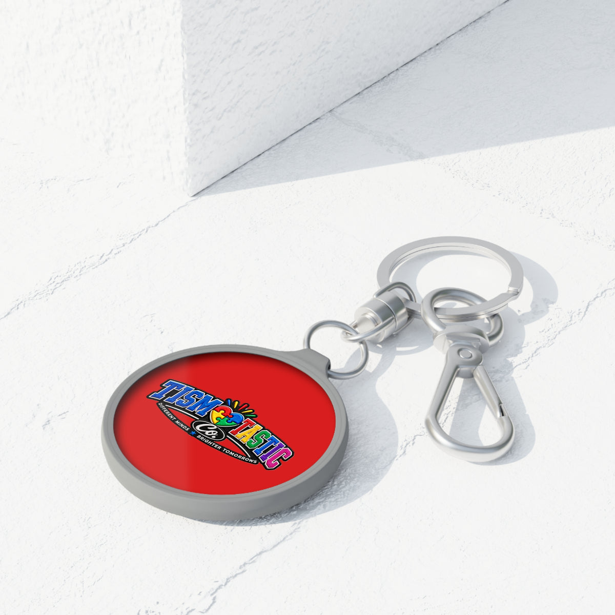 Color Tismtastic Logo Keyring Tag — Red background Round Metal Keychain with Carabiner Clip