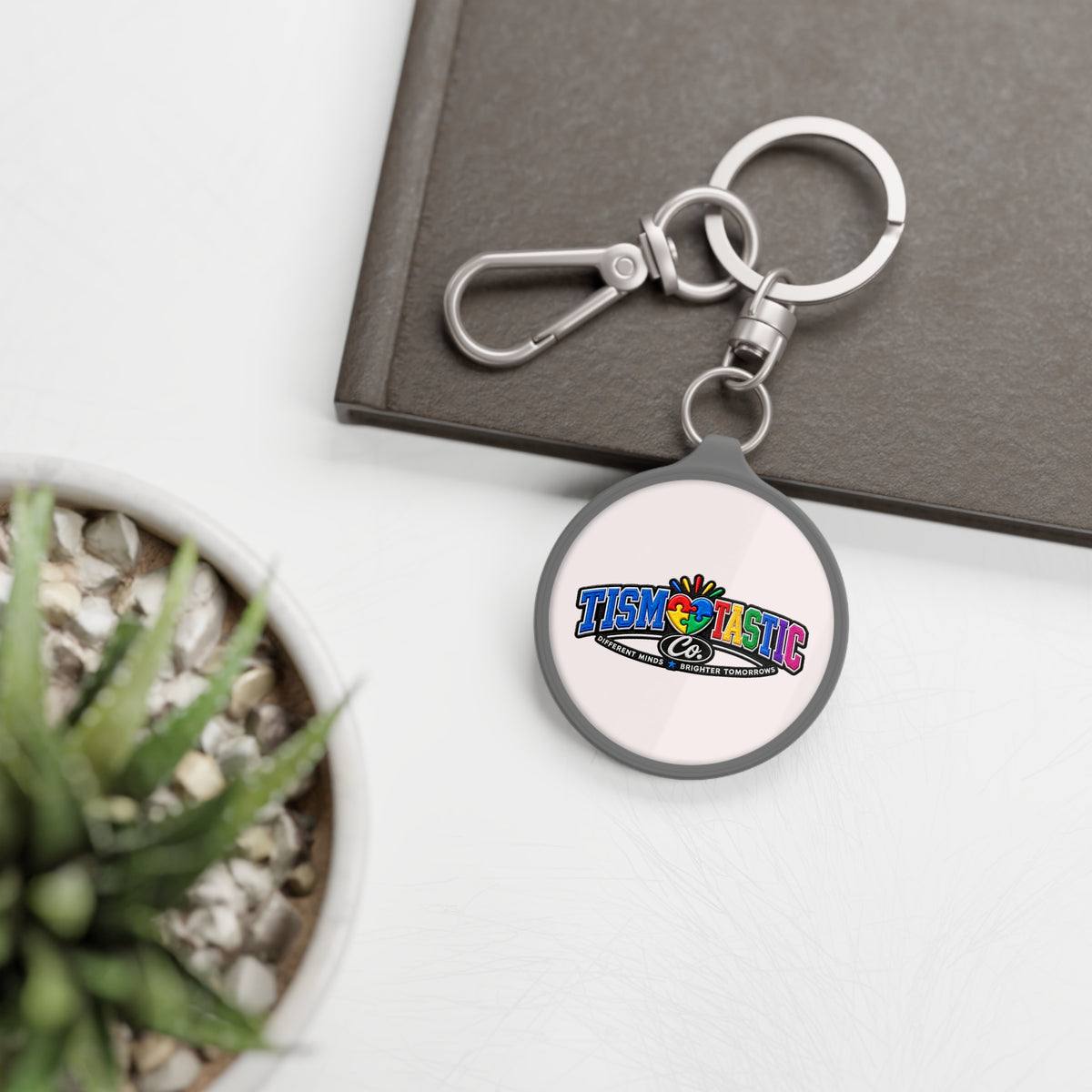 Tismtastic Logo Keyring Tag — White background Round Metal Keychain with Carabiner Clip